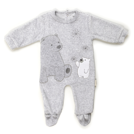 Salopeta bebe maneca lunga - Salopeta bebe cu botosei, bumbac catifelat, broderie ursulet, gri, brand Babybol