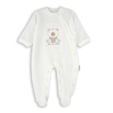 Salopeta bebe maneca lunga - Salopeta bebe cu botosei, bumbac catifelat, broderie ursulet, ivoire, brand Babybol