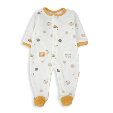 Salopeta bebe maneca lunga - Salopeta bebe cu botosei, bumbac catifelat, imprimeu planete, brand Babybol