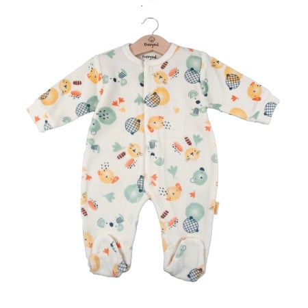 Fete - Salopeta bebe cu botosei, bumbac catifelat, imprimeu puisori, alb natural, Babybol