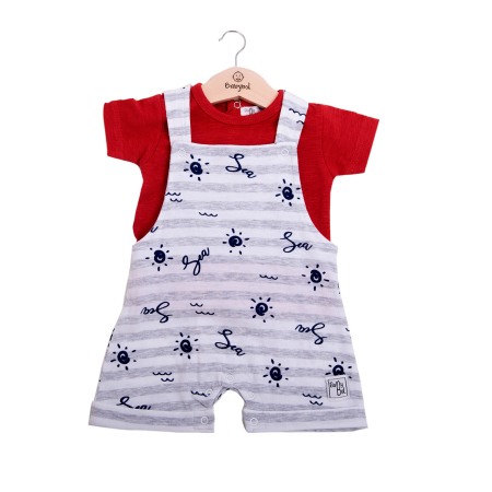 Set 2/3 piese maneca scurta - Salopeta bebe cu tricou rosu maneca scurta, bumbac, Babybol