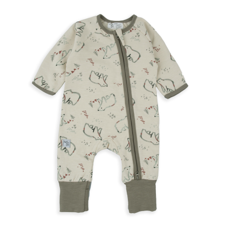Salopeta bebe maneca lunga - Salopeta bebe din bumbac organic, animal print, kaki, brand Babybol