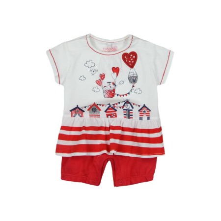 Salopete bebe maneca scurta - Salopeta bebe fetita cu aspect 2 in 1, imprimeu grafic, rosie , Boboli