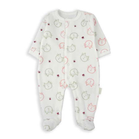 Salopeta bebe maneca lunga - Salopeta bebe fetita cu botosei, bumbac catifelat, imprimeu pisicute, Babybol