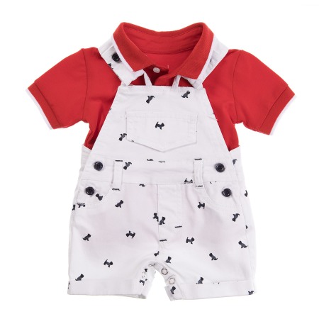 Set 2/3 piese maneca scurta - Salopeta cu bretele alba cu imprimeu catelusi si tricou polo rosu, 1 luna , 56 cm