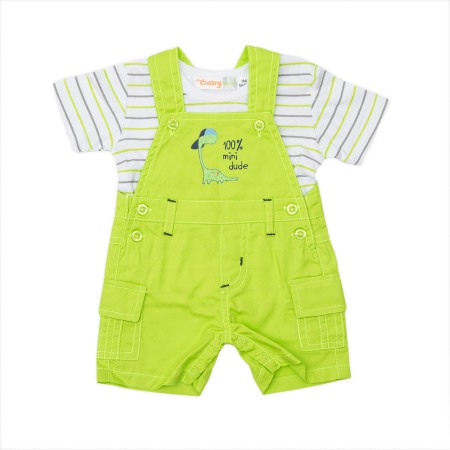 Set 2/3 piese maneca scurta - Salopeta cu bretele bebe verde cu tricou maneca scurta, 1 luna, 56 cm