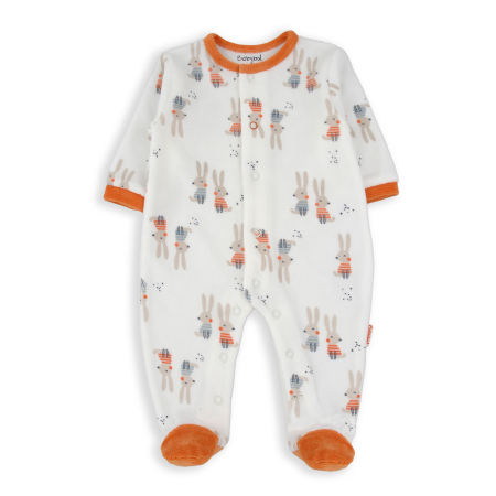 Salopeta bebe maneca lunga - Salopeta nou nascut cu botosei, bumbac catifelat, imprimeu iepurasi, brand Babybol