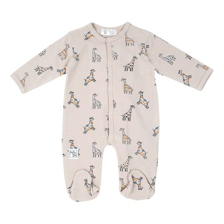 Salopeta bebe maneca lunga - Salopeta nou nascut cu botosei, bumbac organic, imprimeu girafe, bej, brand Babybol