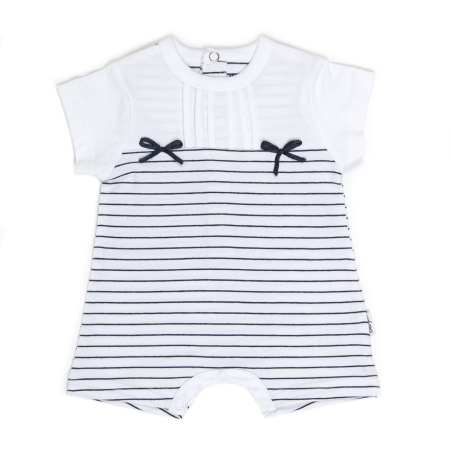 Salopeta maneca scurta - Salopeta vara bebe fetita, bumbac, fundite, dungi navy, brand Babybol
