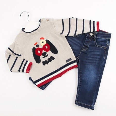 Set 2/3 piese maneca lunga - Set 2 piese baiat , pulover tricot cu pantalon jeans,Babybol
