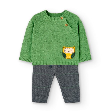 Set 2/3 piese maneca lunga - Set 2 piese baiat, pulover tricot verde cu pantalon gri, Boboli