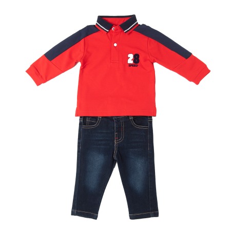 Set 2/3 piese maneca lunga - Set 2 piese baiat, tricou polo rosu si blugi strech denim, Babybol