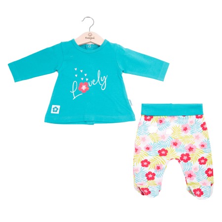 Set 2/3 piese maneca lunga - Set 2 piese bebe fetita, imprimeu floral, turcoaz, Babybol