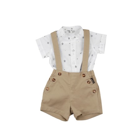 Baieti - Set 2 piese bebe, salopeta bej si camasa alba cu imprimeu broscute, Babybol