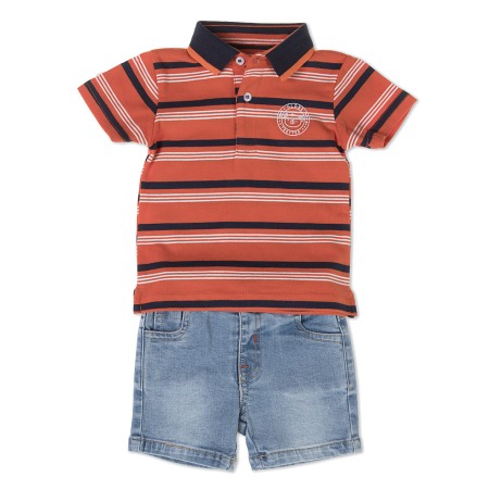 Set 2/3 piese maneca scurta - Set 2 piese bumbac baiat, tricou orange si blugi scurti, Babybol Barcelona