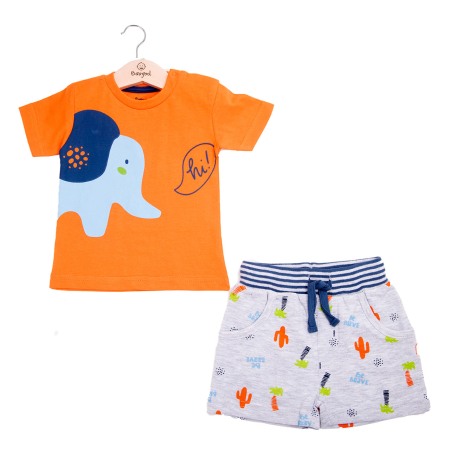Set 2/3 piese maneca scurta - Set 2 piese bumbac bebe baiat, tricou orange si pantalon scurt, Babybol Barcelona
