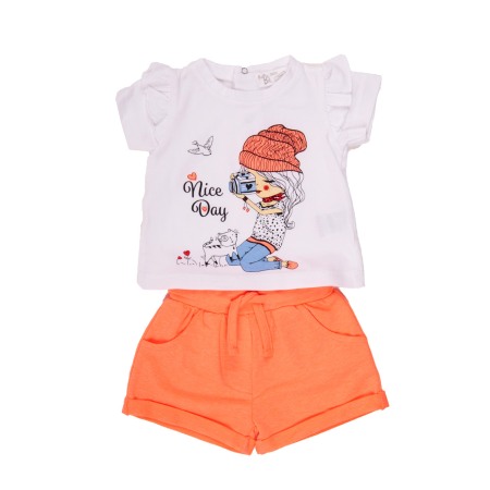OUTLET - Set 2 piese fetita Babybol, bumbac, tricou maneca scurta cu pantaloni scurti
