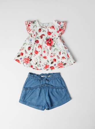 Set 2/3 piese maneca scurta - Set 2 piese vara fete, bluza imprimeu floral si jeans scurt , Babybol