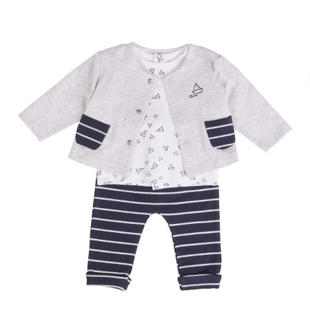 Set 2/3 piese maneca lunga - Set 3 piese bebe , cardigan-tricou-pantalon, dungi navy