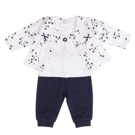 Set 2/3 piese maneca scurta - Set 3 piese bebe fetita, imprimeu flori, navy , Babybol