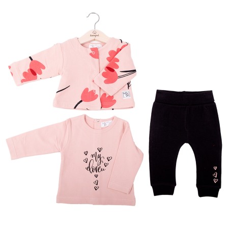 Fete - Set 3 piese fetita, cardigan, tricou maneca lunga si pantalon, imprimeu lalele , Babybol