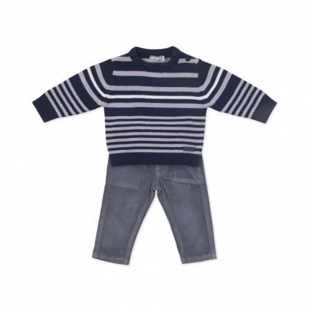 Fete/Baieti 0-24 luni - Set baby baiat pulover cu pantalon raiat gri , Babybol