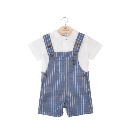 Set 2/3 piese maneca scurta - Set bebe baiat camasa alba cu salopeta dungi, bumbac, Babybol