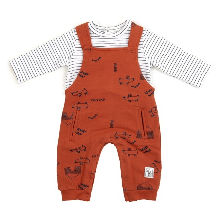 Set 2/3 piese maneca lunga - Set bebe baiat , salopeta bumbac caramizie si tricou in dungi , Babybol