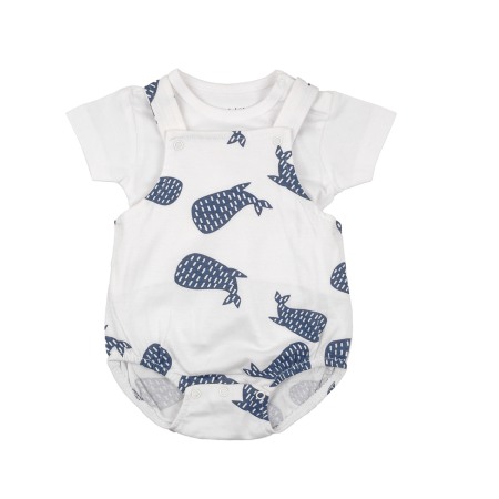 Salopeta bebe maneca scurta - Set bebe baiat, salopeta cu bretele si tricou, imprimeu balene, bumbac organic,Babybol