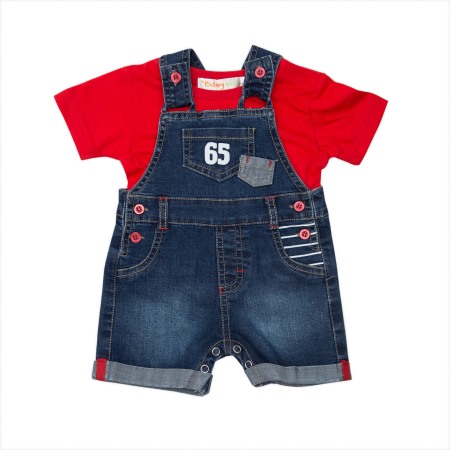 Fete/Baieti 0-24 luni - Set bebe baiat, salopeta jeans cu tricou rosu , Babybol