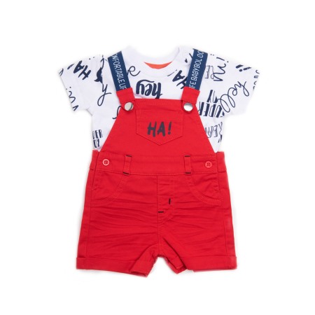 Set 2/3 piese maneca scurta - Set bebe, salopeta cu bretele rosie, tricou alb cu print text, Babybol