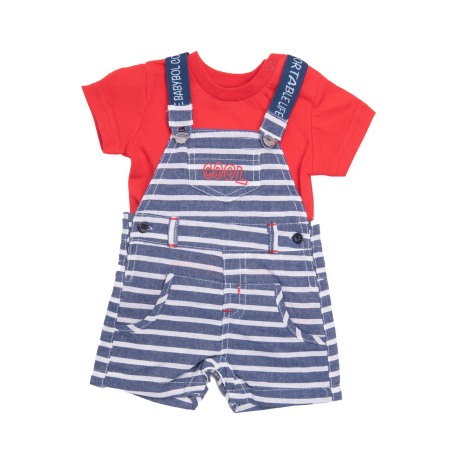 Set 2/3 piese maneca scurta - Set bebe, salopeta cu bretele si tricou rosu, Babybol