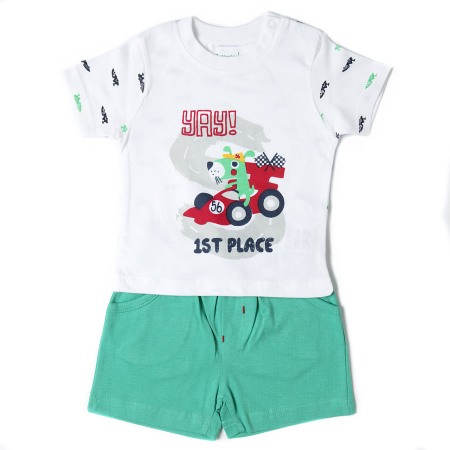 Compleu 2/3 piese maneca scurta - Set bumbac 2 piese baiat , imprimeu masinute, verde ,Babybol