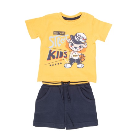 Set 2/3 piese maneca scurta - Set bumbac baiat 2 piese, tricou maneca scurta mustar si pantalon scurt navy, Babybol