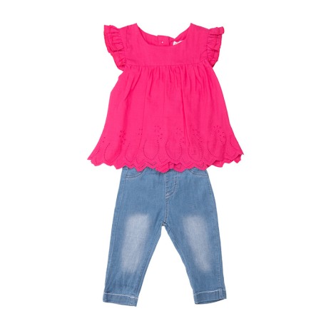 Fete - Set fete Babybol, bluza brodata fucsia si pantalon jeans subtire, aspect uzat