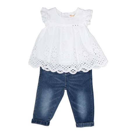 Fete/Baieti 2- 16 ani - Set fete bluza alba brodata si jeans lung, Babybol