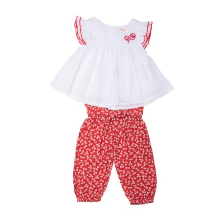 Set tricou maneca scurta/pantalon lung - Set fete, bluza alba poplina si pantaloni lungi rosii, brand Babybol