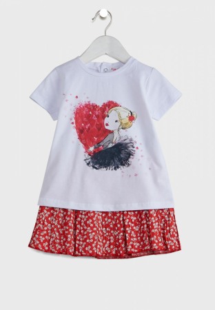 Set 2/3 piese maneca scurta - Set fete vara 2 piese, tricou cu fusta plisata , imprimeu fetita, Babybol