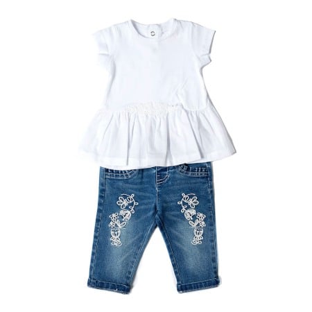 Set tricou maneca scurta/Pantalon lung - Set fetite tricou alb cu broderie si blugi broderie alba, Babybol
