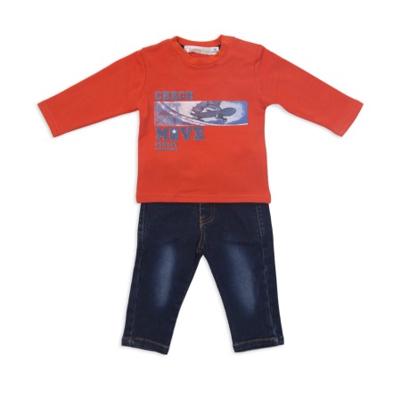 Fete/Baieti 0-24 luni - Set tricou bumbac si pantalon jeans, baiat, Babybol Barcelona