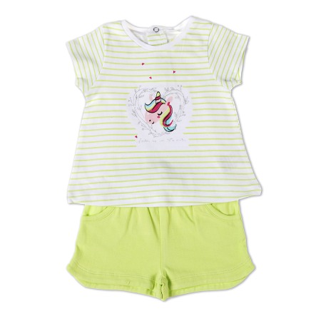 Set 2/3 piese maneca scurta - Set tricou imprimeu unicorn si pantaloni scurti, lime, Babybol