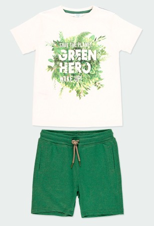 Set 2/3 piese maneca scurta - Set vara 2 piese baiat, bumbac, tricou cu pantalon scurt, verde, Boboli