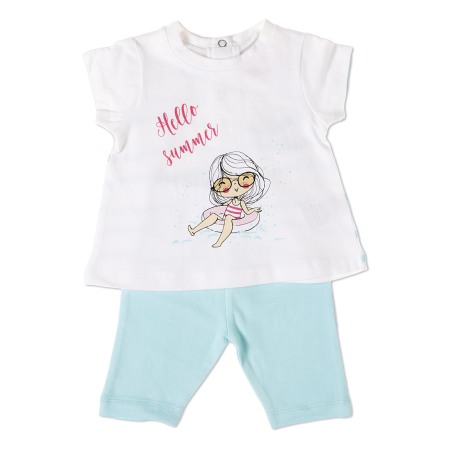 OUTLET - Set vara 2 piese bebe fetita, tricou alb si colant 3/4 , turcoaz, Babybol