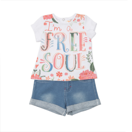 Compleu 2/3 piese maneca scurta - Set vara 2 piese fetita, tricou maneca scurta cu sort denim bleach, brand Babybol