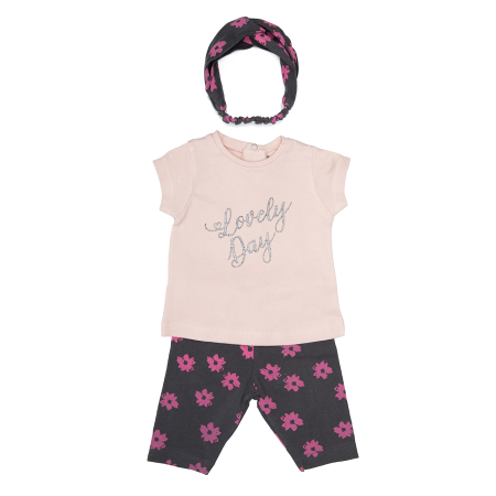 OUTLET ↗ 60% - Set vara 2 piese fetite, tricou roz pudra+ colant gri cu flori, brand Babybol