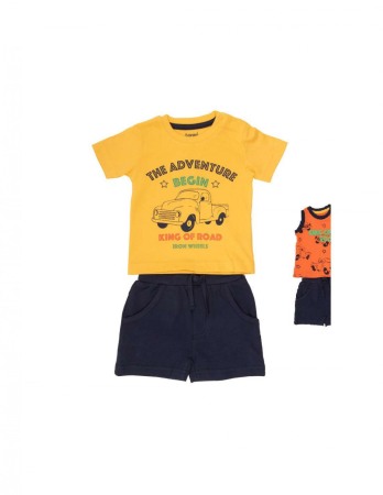 Set 2/3 piese maneca scurta - Set vara baiat bumbac 3 piese, tricou galben , maieu orange si pantalon scurt navy, Babybol