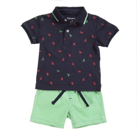 Set 2/3 piese maneca scurta - Set vara baiat tricou polo si pantalon scurt verde, Babybol