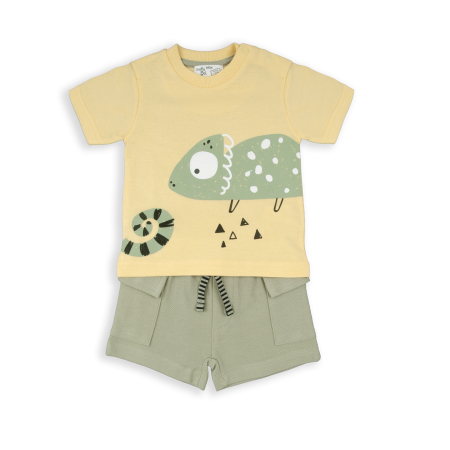 Colectie fete/ baieti primavara-vara - Set vara baieti, tricou +pantaloni scurti, imprimeu grafic, culoare vanilla, Babybol