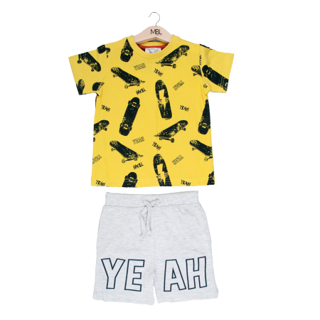 Colectie fete/ baieti primavara-vara - Set vara baieti, tricou +pantaloni scurti, imprimeu skate, culoare ocru, Babybol