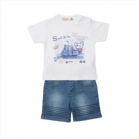 Tricouri maneca scurta - Set vara bebe baiat, tricou bumbac cu pantalon scurt denim, Babybol